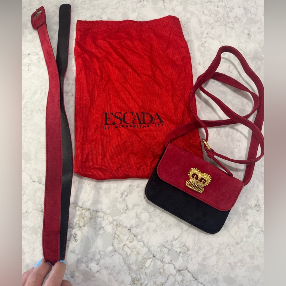 Escada Crossbody or Fanny Pack Bag in Red and Black Suede
